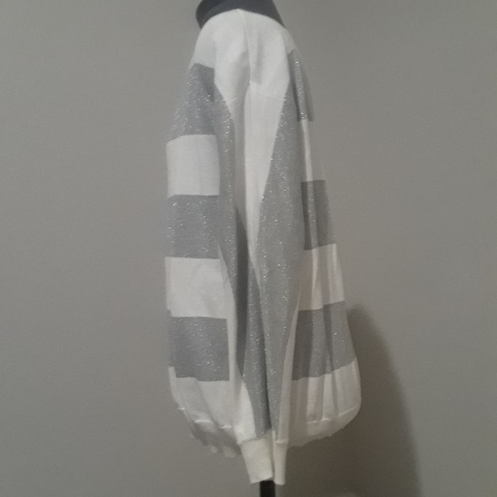 Liz Claiborne Sparkly Grey & White Striped Long Sleeve Shirt - Picture 2 of 4